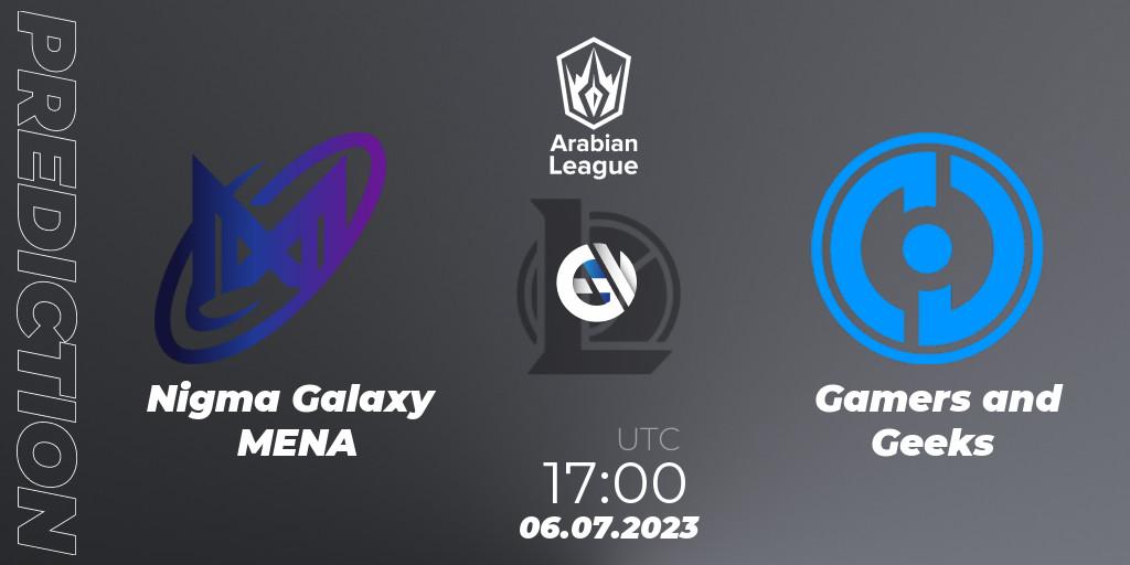 Nigma Galaxy MENA contre Gamers and Geeks : prédiction de match. 06.07.2023 at 17:00. LoL, Arabian League Summer 2023 - Group Stage
