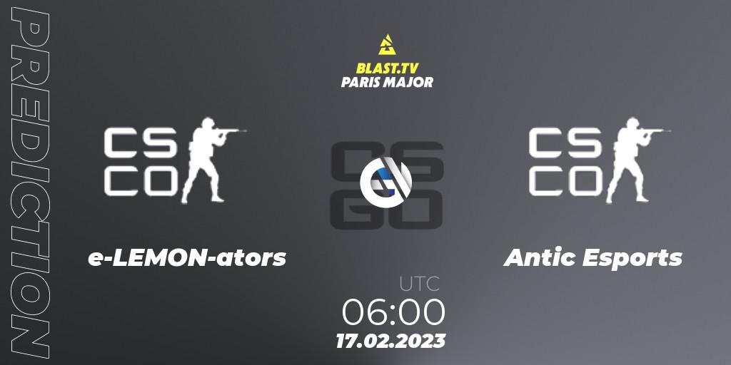 e-LEMON-ators contre Antic Esports : prédiction de match. 17.02.2023 at 06:10. Counter-Strike (CS2), BLAST.tv Paris Major 2023 Oceania RMR Closed Qualifier