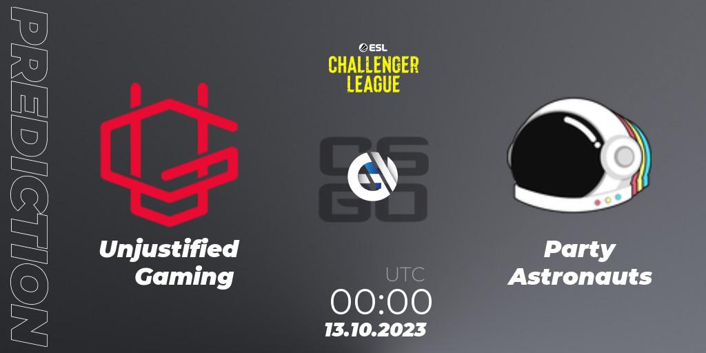 Unjustified Gaming contre Party Astronauts : prédiction de match. 13.10.2023 at 00:00. Counter-Strike (CS2), ESL Challenger League Season 46: North America