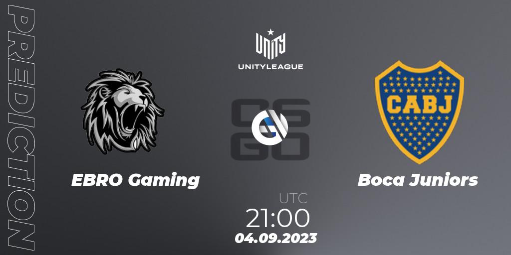 EBRO Gaming contre Boca Juniors : prédiction de match. 04.09.2023 at 21:00. Counter-Strike (CS2), LVP Unity League Argentina 2023