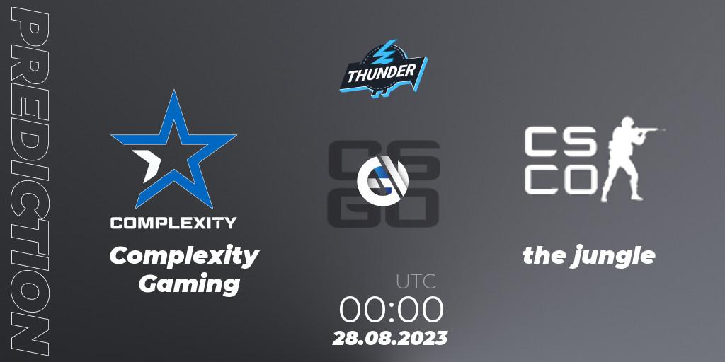 Complexity Gaming contre the jungle : prédiction de match. 28.08.2023 at 00:00. Counter-Strike (CS2), Thunderpick World Championship 2023: North American Qualifier #2