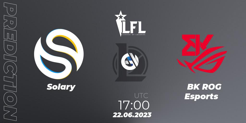 Solary contre BK ROG Esports : prédiction de match. 22.06.2023 at 17:00. LoL, LFL Summer 2023 - Group Stage