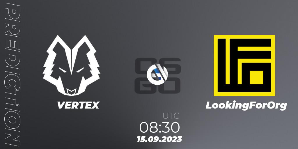 VERTEX contre LookingForOrg : prédiction de match. 15.09.2023 at 08:40. Counter-Strike (CS2), CCT Oceania Series #1