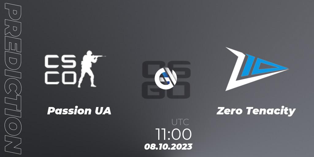 Passion UA contre Zero Tenacity : prédiction de match. 08.10.2023 at 11:00. Counter-Strike (CS2), A1 Gaming League Season 7