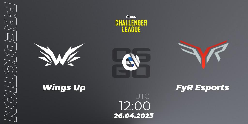 Wings Up contre FyR Esports : prédiction de match. 26.04.2023 at 12:00. Counter-Strike (CS2), ESL Challenger League Season 45: Asia-Pacific
