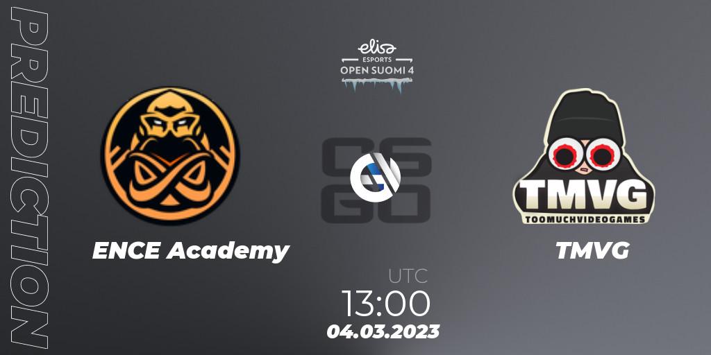 ENCE Academy contre TMVG : prédiction de match. 04.03.2023 at 13:45. Counter-Strike (CS2), Elisa Open Suomi Season 4