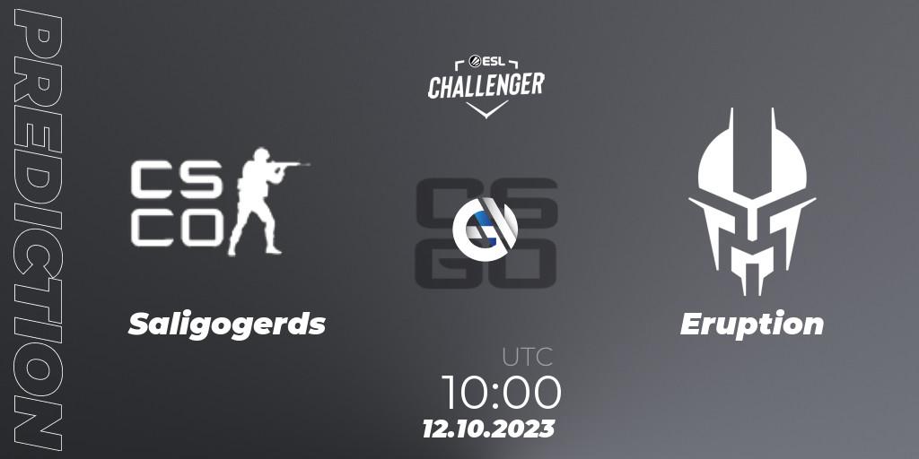 Saligogerds contre Eruption : prédiction de match. 12.10.2023 at 10:10. Counter-Strike (CS2), ESL Challenger at DreamHack Winter 2023: Asian Open Qualifier