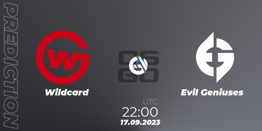 Wildcard contre Evil Geniuses : prédiction de match. 17.09.2023 at 22:00. Counter-Strike (CS2), ESEA Cash Cup: North America - Summer 2023 #1