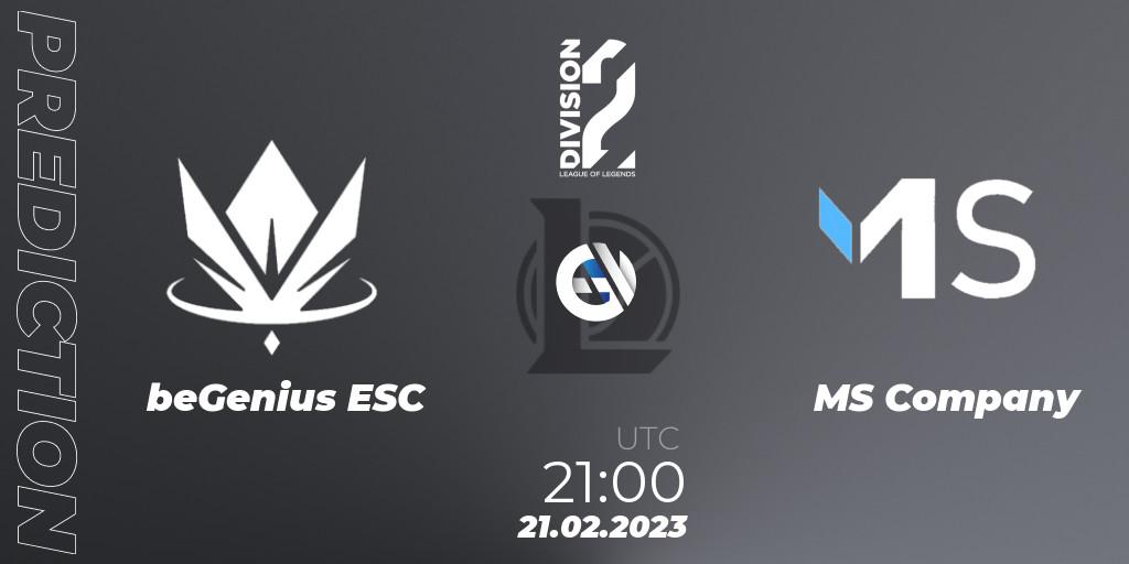 beGenius ESC contre MS Company : prédiction de match. 21.02.2023 at 21:00. LoL, LFL Division 2 Spring 2023 - Group Stage