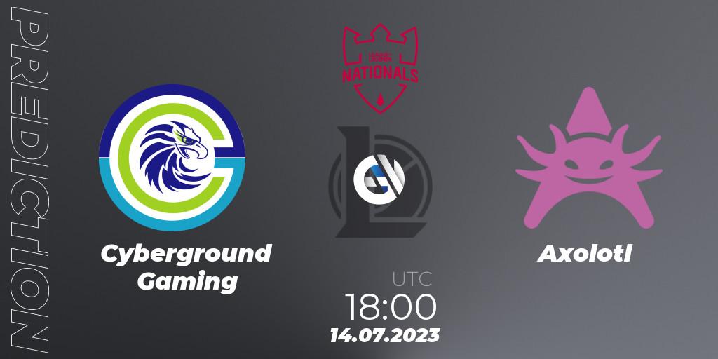Cyberground Gaming contre Axolotl : prédiction de match. 14.07.2023 at 18:00. LoL, PG Nationals Summer 2023
