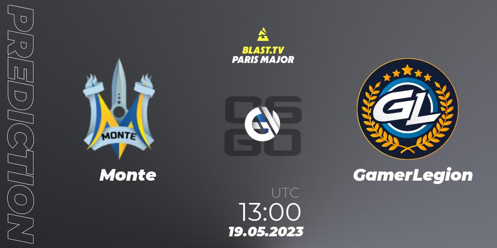 Monte contre GamerLegion : prédiction de match. 19.05.2023 at 13:00. Counter-Strike (CS2), BLAST Paris Major 2023