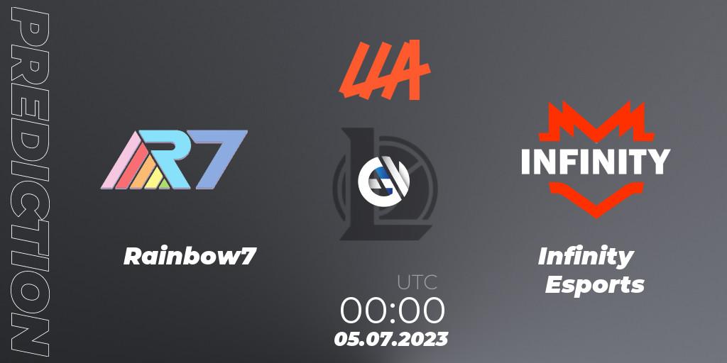 Rainbow7 contre Infinity Esports : prédiction de match. 05.07.2023 at 00:00. LoL, LLA Closing 2023 - Group Stage