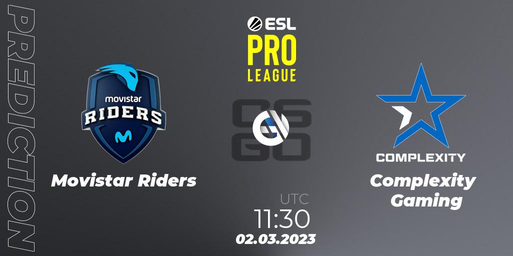 Movistar Riders contre Complexity Gaming : prédiction de match. 02.03.2023 at 11:30. Counter-Strike (CS2), ESL Pro League Season 17