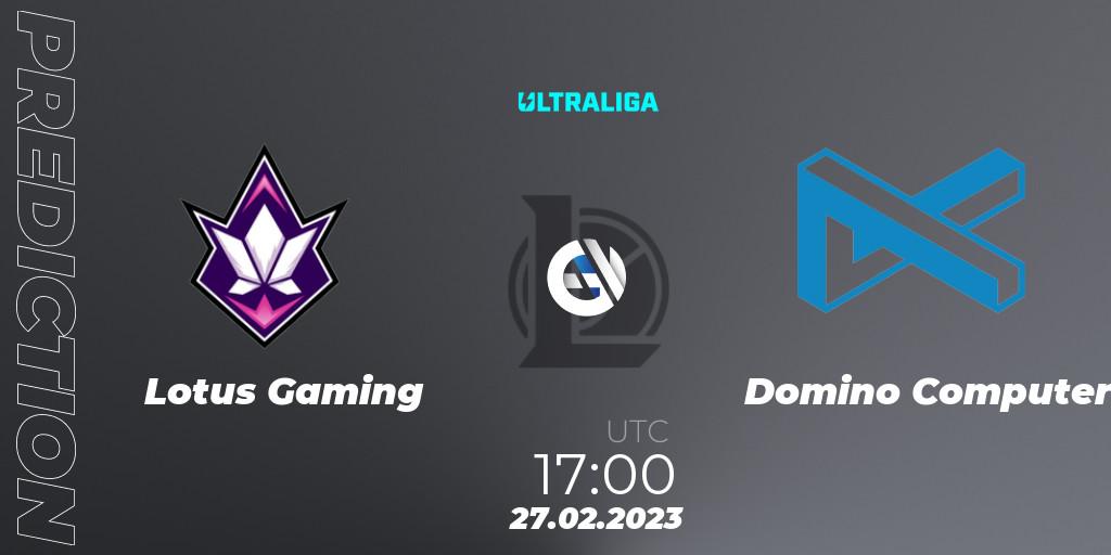 Lotus Gaming contre Domino Computer : prédiction de match. 27.02.2023 at 18:15. LoL, Ultraliga 2nd Division Season 6