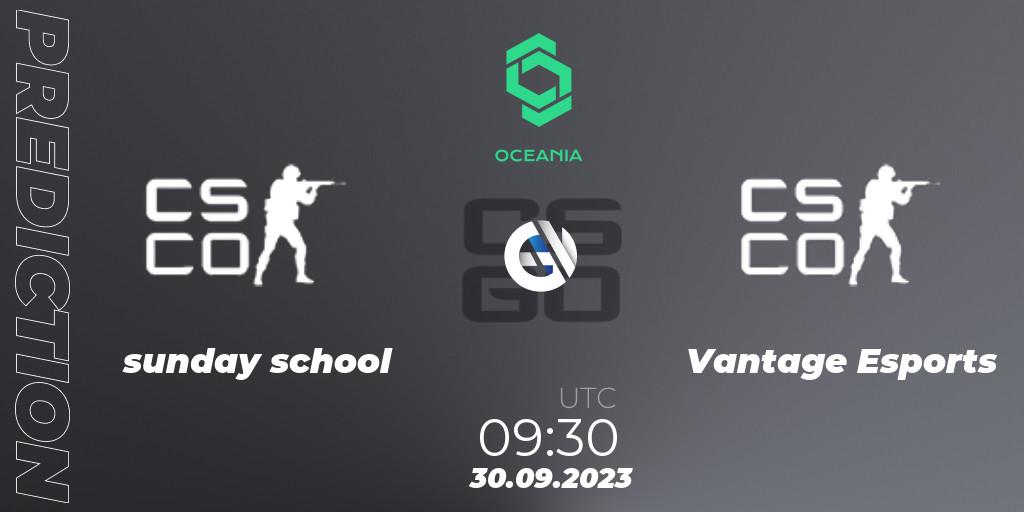 sunday school contre Vantage Esports : prédiction de match. 30.09.2023 at 09:45. Counter-Strike (CS2), CCT Oceania Series #2