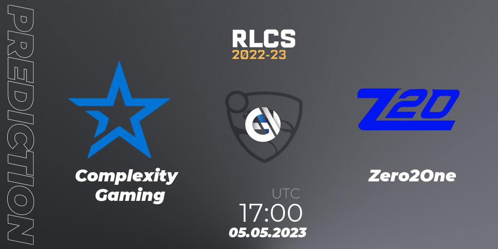 Complexity Gaming contre Zero2One : prédiction de match. 05.05.2023 at 17:00. Rocket League, RLCS 2022-23 - Spring: North America Regional 1 - Spring Open - Playoffs 