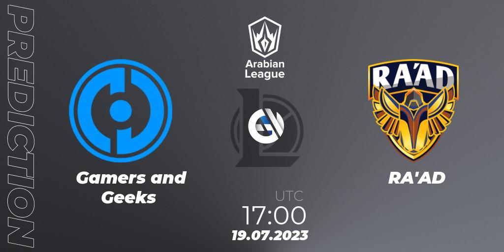 Gamers and Geeks contre RA'AD : prédiction de match. 19.07.2023 at 17:00. LoL, Arabian League Summer 2023 - Group Stage
