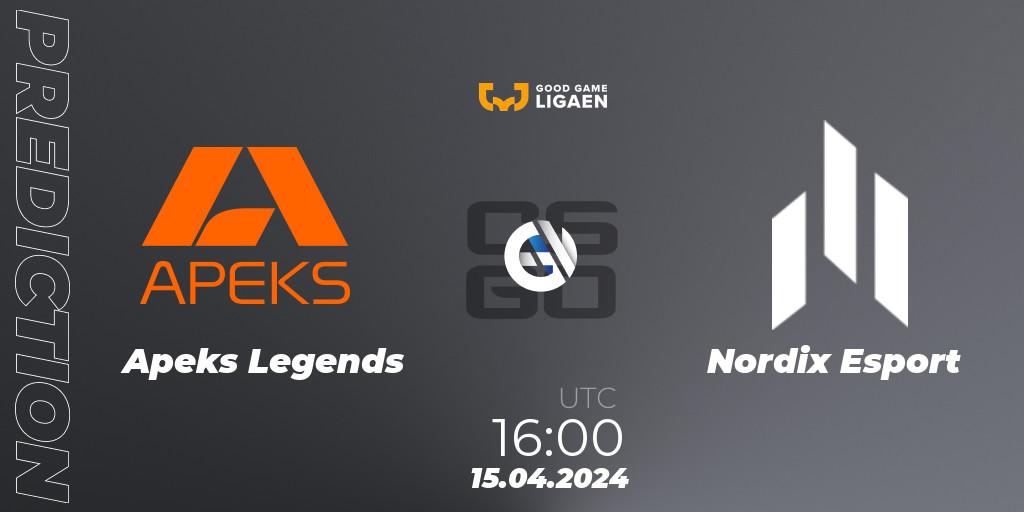 Apeks Legends contre Nordix Esport : prédiction de match. 15.04.2024 at 16:00. Counter-Strike (CS2), Good Game-ligaen Spring 2024