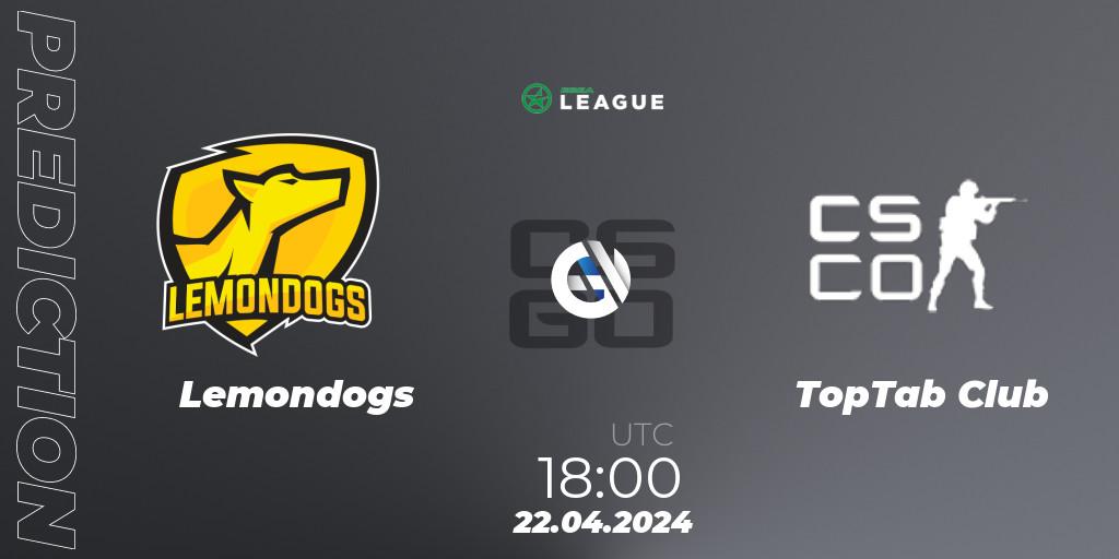 Lemondogs contre TopTab Club : prédiction de match. 22.04.2024 at 18:00. Counter-Strike (CS2), ESEA Season 49: Advanced Division - Europe