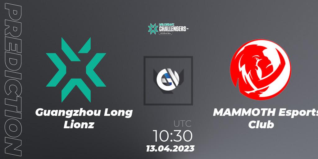 Guangzhou Long Lionz contre MAMMOTH Esports Club : prédiction de match. 13.04.2023 at 10:30. VALORANT, VALORANT Challengers 2023: Oceania Split 2 - Group Stage