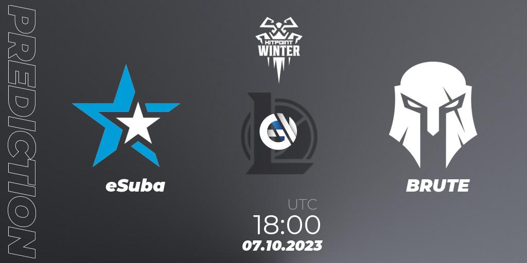 eSuba contre BRUTE : prédiction de match. 07.10.2023 at 18:00. LoL, Hitpoint Masters Winter 2023 - Playoffs