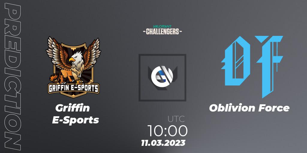 Griffin E-Sports contre Oblivion Force : prédiction de match. 11.03.2023 at 10:00. VALORANT, VALORANT Challengers 2023: Hong Kong and Taiwan Split 1