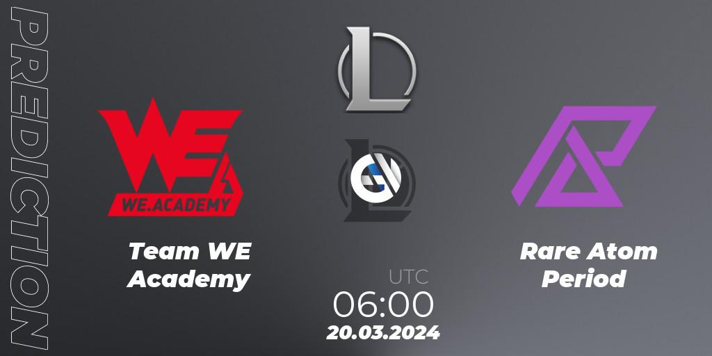 Team WE Academy contre Rare Atom Period : prédiction de match. 20.03.2024 at 06:00. LoL, LDL 2024 - Stage 1