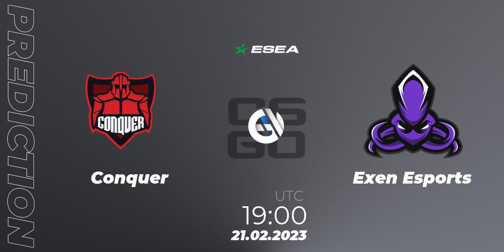 Conquer contre Exen Esports : prédiction de match. 21.02.2023 at 19:00. Counter-Strike (CS2), ESEA Season 44: Advanced Division - Europe