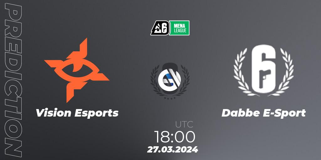 Vision Esports contre Dabbe E-Sport : prédiction de match. 27.03.2024 at 18:00. Rainbow Six, MENA League 2024 - Stage 1
