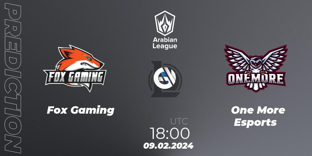 Fox Gaming contre One More Esports : prédiction de match. 09.02.2024 at 18:00. LoL, Arabian League Spring 2024