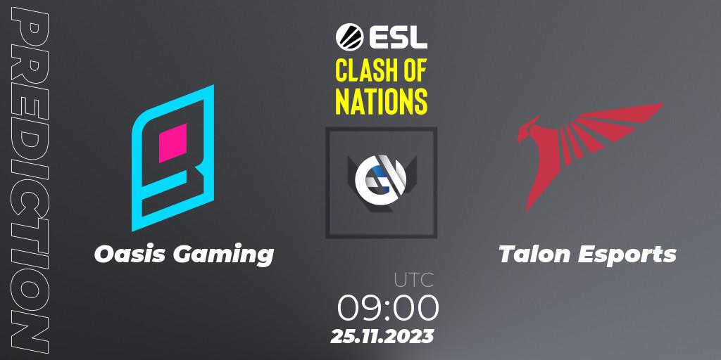 Oasis Gaming contre Talon Esports : prédiction de match. 25.11.2023 at 10:00. VALORANT, ESL Clash of Nations 2023