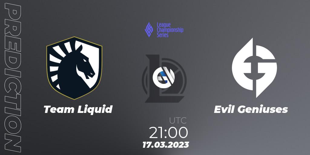 Team Liquid contre Evil Geniuses : prédiction de match. 17.03.2023 at 23:00. LoL, LCS Spring 2023 - Group Stage