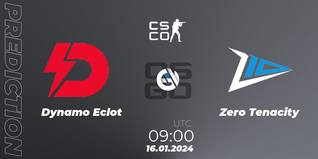 Dynamo Eclot contre Zero Tenacity : prédiction de match. 16.01.2024 at 10:00. Counter-Strike (CS2), European Pro League Season 14: Division 2
