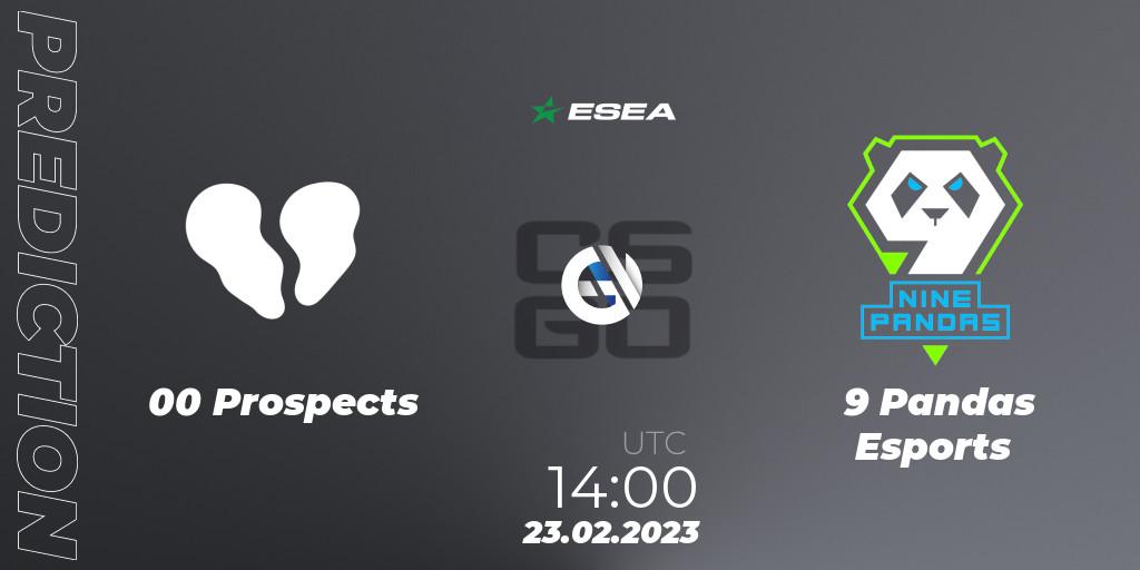 00 Prospects contre 9 Pandas Esports : prédiction de match. 23.02.2023 at 14:00. Counter-Strike (CS2), ESEA Season 44: Advanced Division - Europe