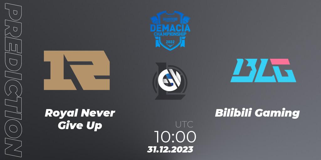 Royal Never Give Up contre Bilibili Gaming : prédiction de match. 31.12.23. LoL, Demacia Cup 2023 Playoffs