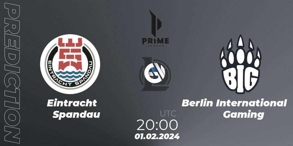 Eintracht Spandau contre Berlin International Gaming : prédiction de match. 01.02.2024 at 19:00. LoL, Prime League Spring 2024 - Group Stage