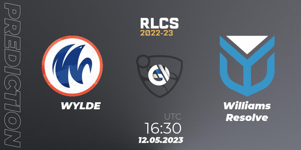 WYLDE contre Williams Resolve : prédiction de match. 12.05.2023 at 16:30. Rocket League, RLCS 2022-23 - Spring: Europe Regional 1 - Spring Open