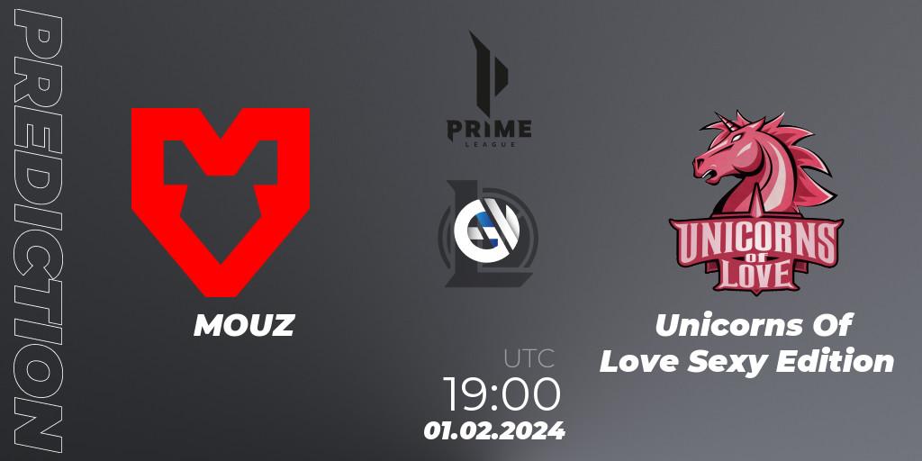 MOUZ contre Unicorns Of Love Sexy Edition : prédiction de match. 01.02.2024 at 20:00. LoL, Prime League Spring 2024 - Group Stage