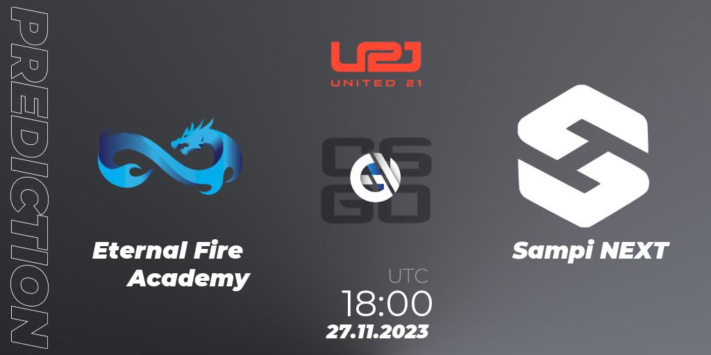 Eternal Fire Academy contre Sampi NEXT : prédiction de match. 27.11.2023 at 18:00. Counter-Strike (CS2), United21 Season 8: Division 2