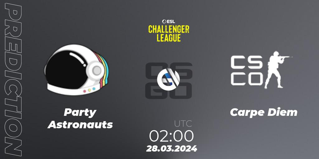 Party Astronauts contre Carpe Diem : prédiction de match. 28.03.2024 at 02:00. Counter-Strike (CS2), ESL Challenger League Season 47: North America