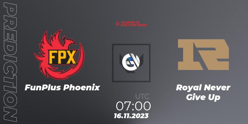 FunPlus Phoenix contre Royal Never Give Up : prédiction de match. 16.11.2023 at 07:00. VALORANT, VALORANT China Evolution Series Act 3: Heritability