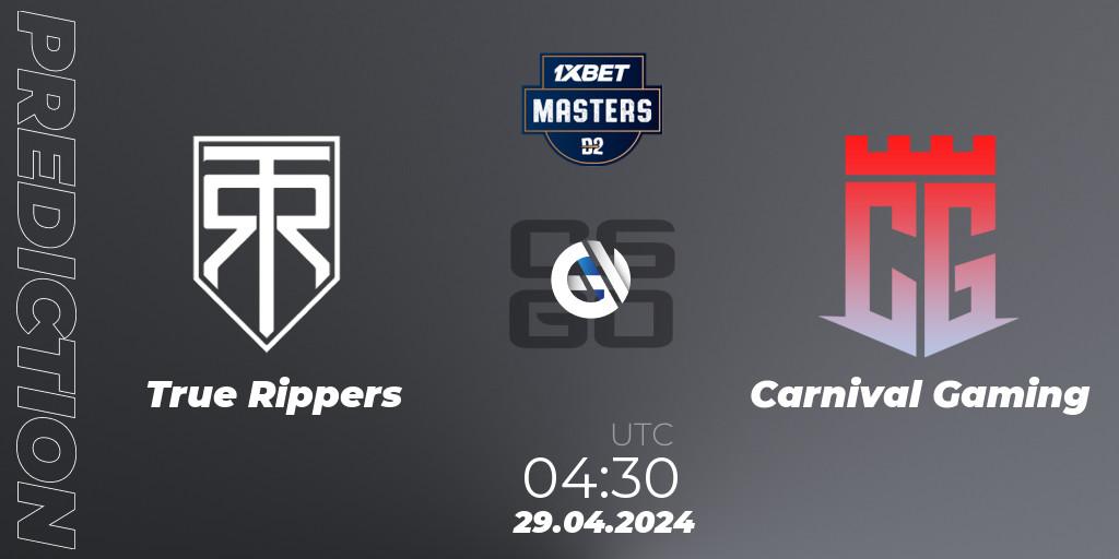 True Rippers contre Carnival Gaming : prédiction de match. 29.04.2024 at 07:45. Counter-Strike (CS2), Dust2.in Masters #9
