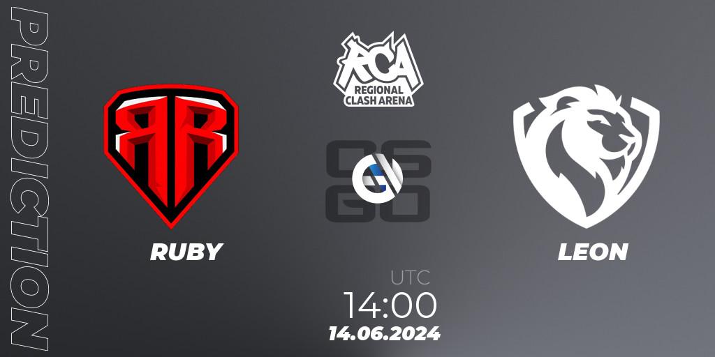RUBY contre LEON : prédiction de match. 14.06.2024 at 14:00. Counter-Strike (CS2), Regional Clash Arena Europe