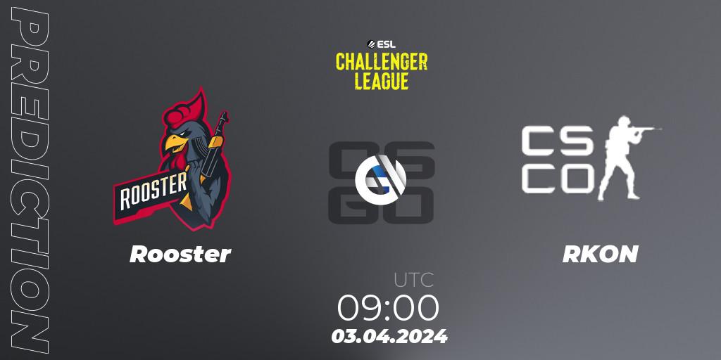 Rooster contre RKON : prédiction de match. 03.04.2024 at 09:00. Counter-Strike (CS2), ESL Challenger League Season 47: Oceania