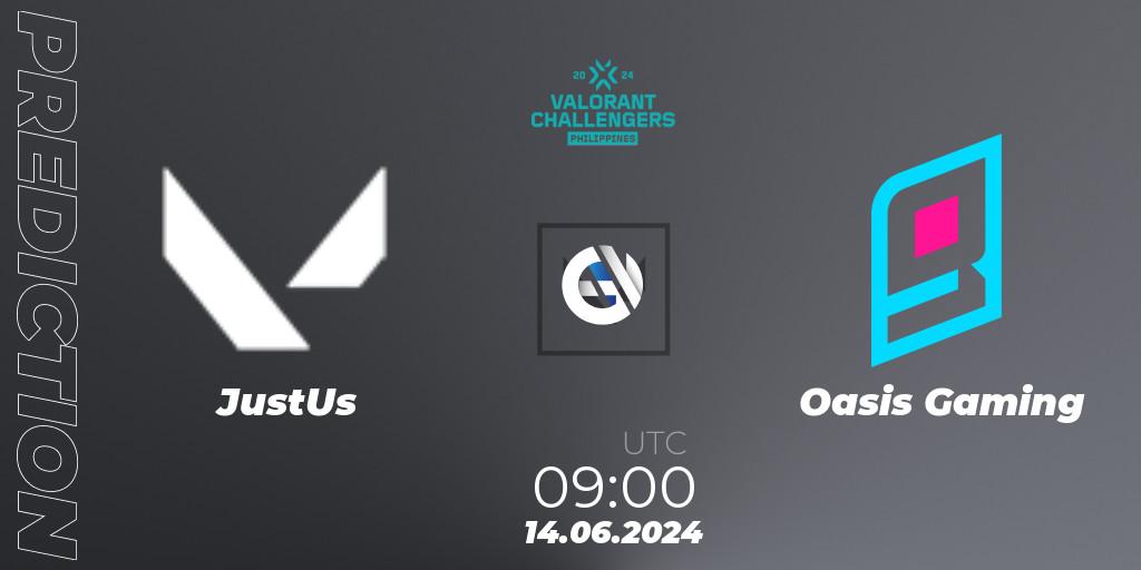 JustUs contre Oasis Gaming : prédiction de match. 14.06.2024 at 09:30. VALORANT, VALORANT Challengers 2024 Philippines: Split 2