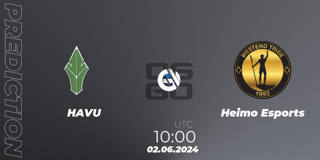 HAVU contre Heimo Esports : prédiction de match. 02.06.2024 at 10:00. Counter-Strike (CS2), Pelaajat.com Series Summer 2024