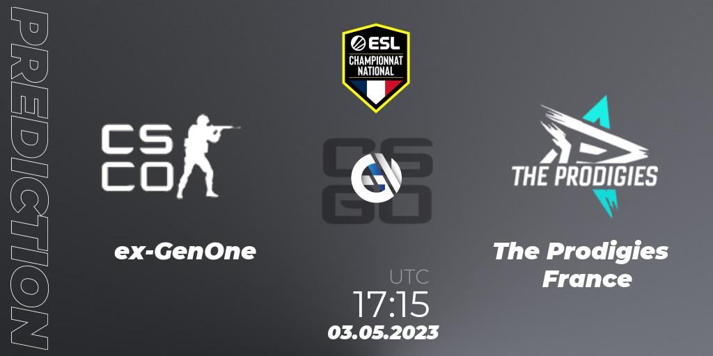 ex-GenOne contre The Prodigies France : prédiction de match. 04.05.2023 at 18:00. Counter-Strike (CS2), ESL Championnat National Spring 2023