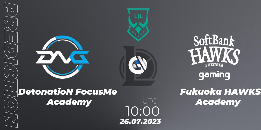 DetonatioN FocusMe Academy contre Fukuoka HAWKS Academy : prédiction de match. 26.07.2023 at 11:00. LoL, LJL Academy 2023 - Group Stage