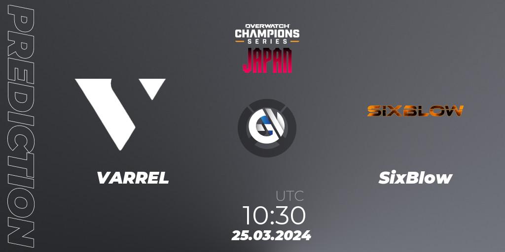 VARREL contre SixBlow : prédiction de match. 02.04.2024 at 09:00. Overwatch, Overwatch Champions Series 2024 - Stage 1 Japan