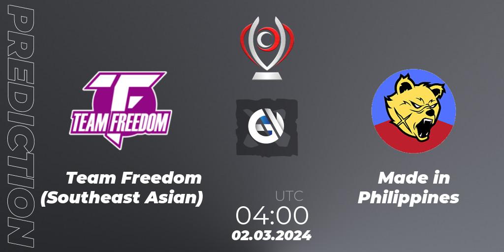 Team Freedom (Southeast Asian) contre Made in Philippines : prédiction de match. 02.03.2024 at 04:05. Dota 2, Opus League